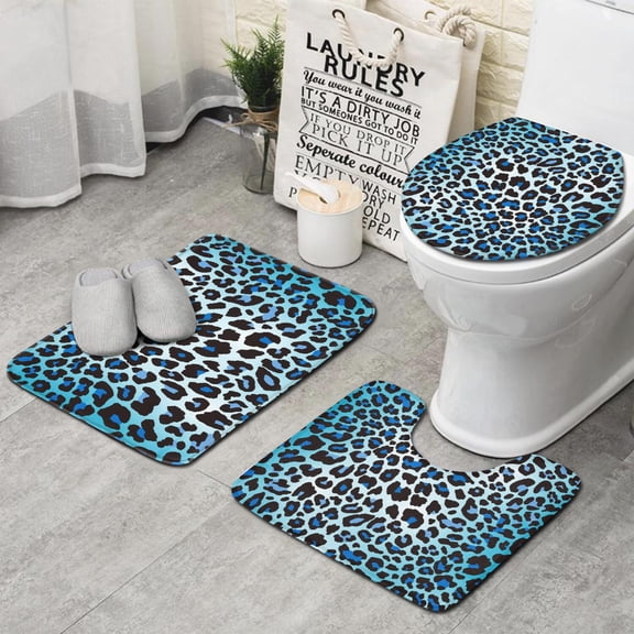 Blue Leopard Print Bathroom Rugs Sets 3 Piece,Toilet Cover Set,Absorbent Non Slip Bathroom Mats Sets with U-Shaped Contour Rug Toilet Rug Set
