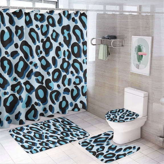 Blue Leopard Print Bathroom Set, Bathroom 4-piece Set - 29" X 17.5" Mats & 72" Shower Curtain with 12 Hooks, Bath Accessory for Home Use or Bathroom Decor