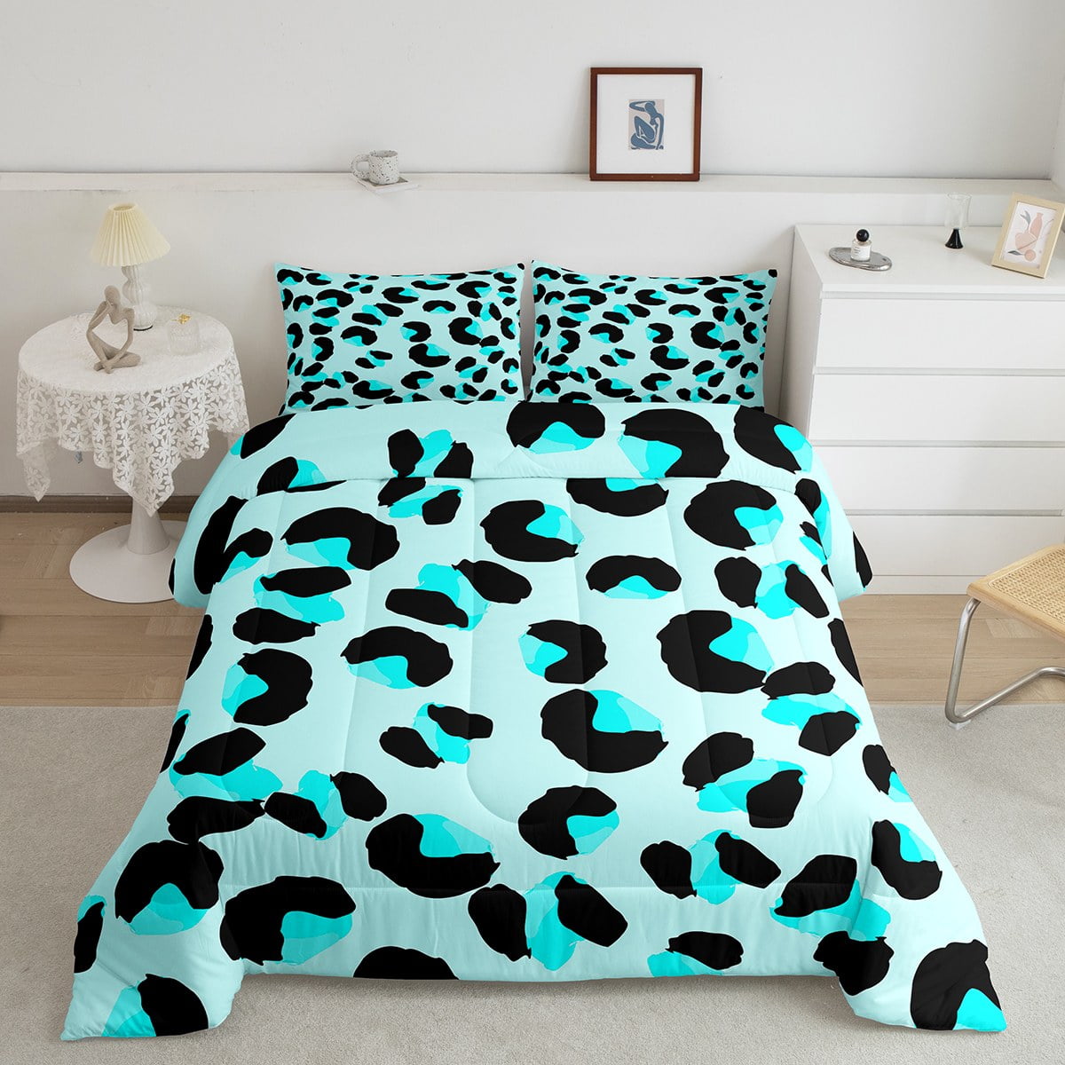 Blue Leopard Print Bedding Set Twin Cheetah Print Comforter Set, Wild