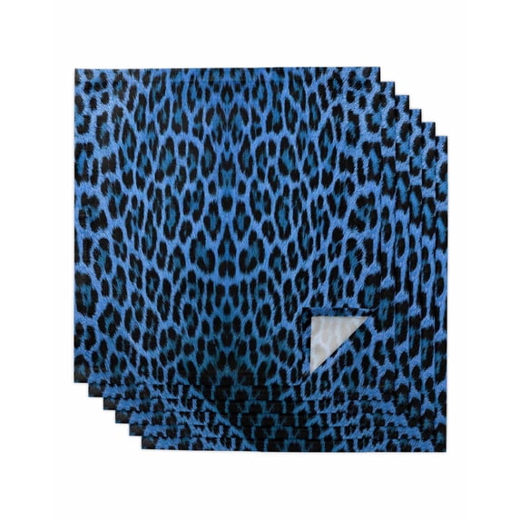 Blue Leopard Print Cloth Napkins Set of 6 Reusable Dinner Napkins, Vintage Abstract Animal Patterned Art Cocktail Napkin Washable Table Napkins for Wedding/Holiday Party/Baby Shower 20"x20"