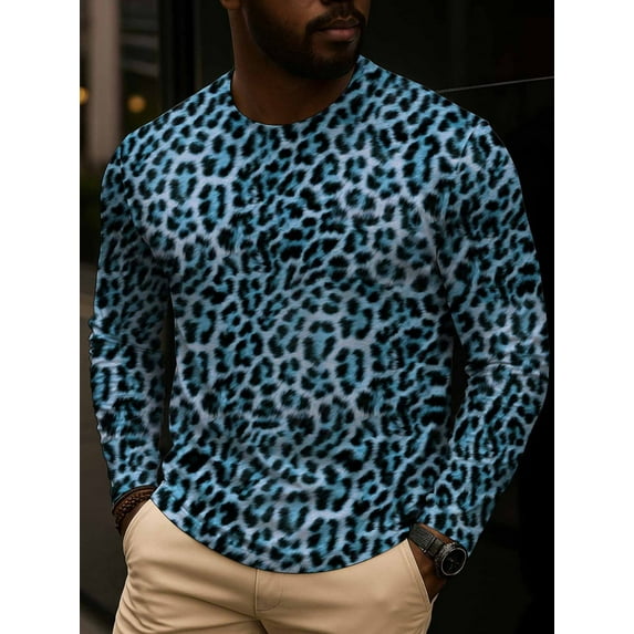Blue Leopard Print Crewneck T-Shirt Long-sleeved camouflage full print ...