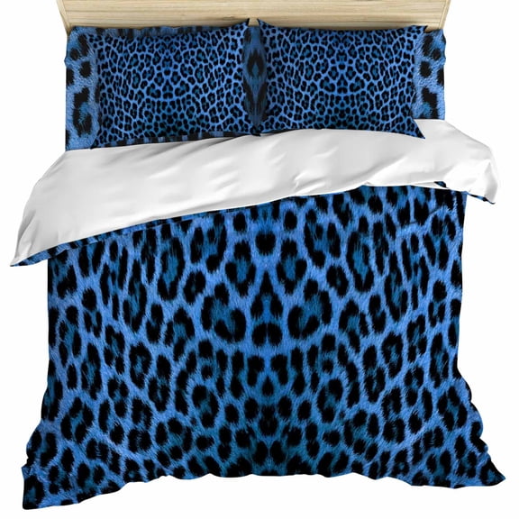 Blue Leopard Print Duvet Cover Set, Vintage Abstract Animal Patterned Art Soft Duvet Cover Queen Size Bedding Set 4 Pieces, 1 Quiltcover and 2 Pillowcases with Zipper, 1 Bed Sheet for All Seasons