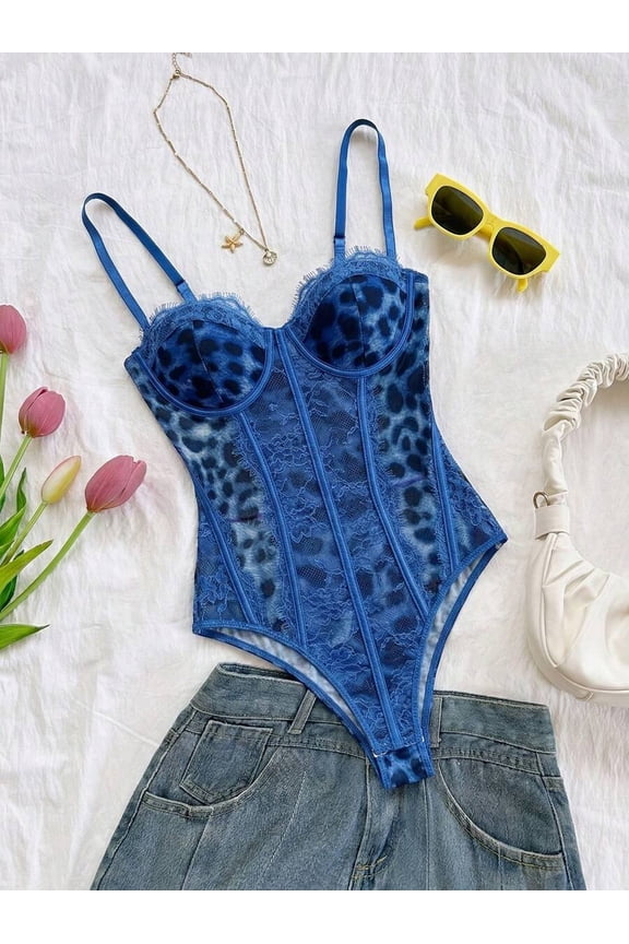 Blue Leopard Print Lace Bustier Bodysuit With Spaghetti Straps