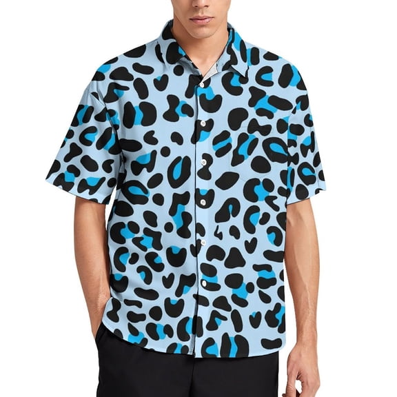 Blue Leopard Print Men's Short Sleeve Button Up Shirts Casual Regular-Fit Beach Summer Tops M-4XL