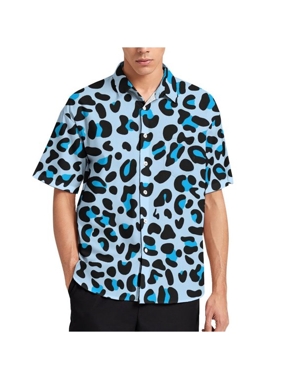 Blue Leopard Print Men's Short Sleeve Button Up Shirts Casual Regular-Fit Beach Summer Tops M-4XL