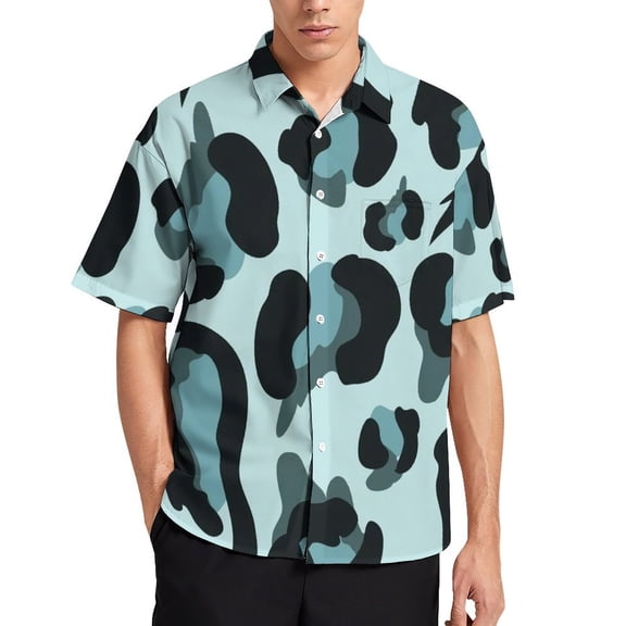 Blue Leopard Print Men's Short Sleeve Button Up Shirts Casual Regular-Fit Beach Summer Tops M-4XL