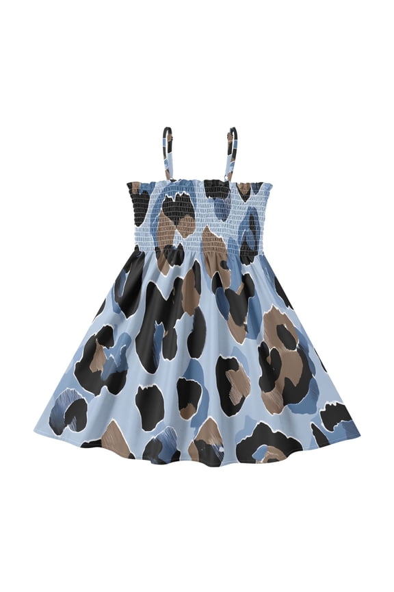 Blue Leopard Print Pattern Girls' Casual Dresses 2Y-8Y Sleeveless Ruffle Neck for Summer Daily Wear