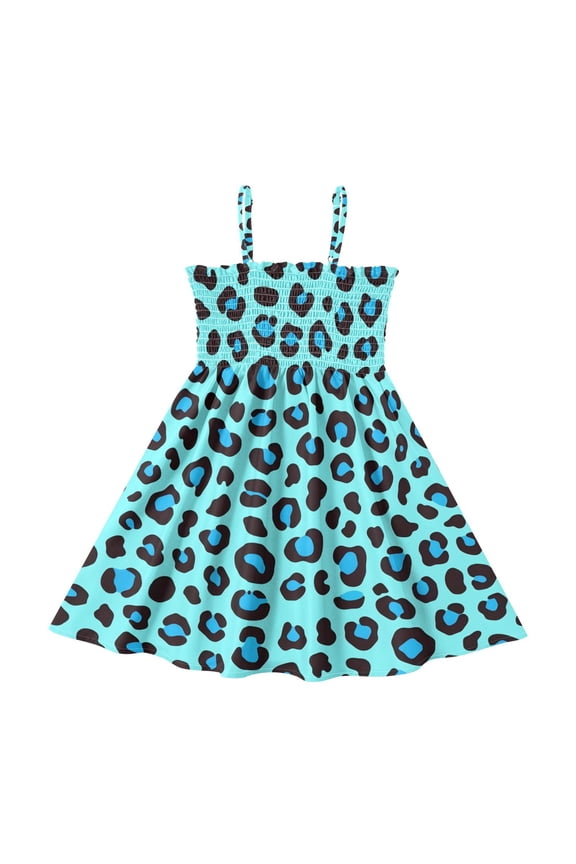 Blue Leopard Print Pattern Girls' Casual Dresses 2Y-8Y Sleeveless Ruffle Neck for Summer Daily Wear