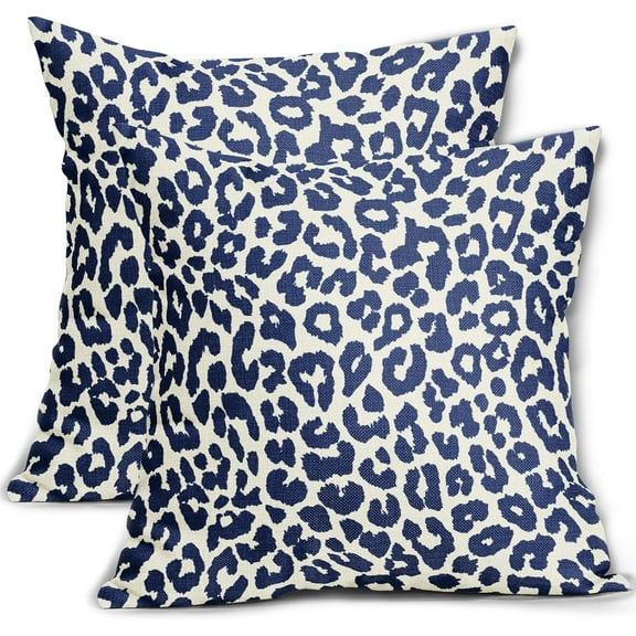 Blue Leopard Print Pillow Covers 16x16 Set of 2 Navy Blue Cheetah Animal Pattern Chinoiserie Decorative Throw Pillows Outdoor Pillowcase Linen Cushion Case Decor for Sofa Couch Bed