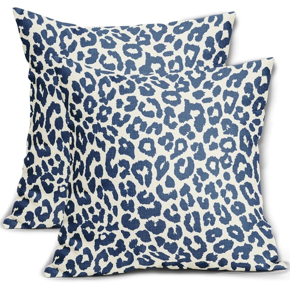Blue Leopard Print Pillow Covers 18x18 Set of 2 Preppy Room Decor Cheetah Animal Pattern Chinoiserie Decorative Throw Pillows Pillowcase Farmhouse Linen Cushion Case for Sofa Couch Bed