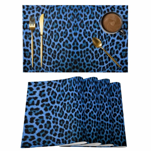 Blue Leopard Print Placemats Set of 8, Vintage Abstract Animal Patterned Art Placemats for Dining Table, Place Mats for Kitchen Tabletop, Waterproof Wipeable Dining Table Mats Set