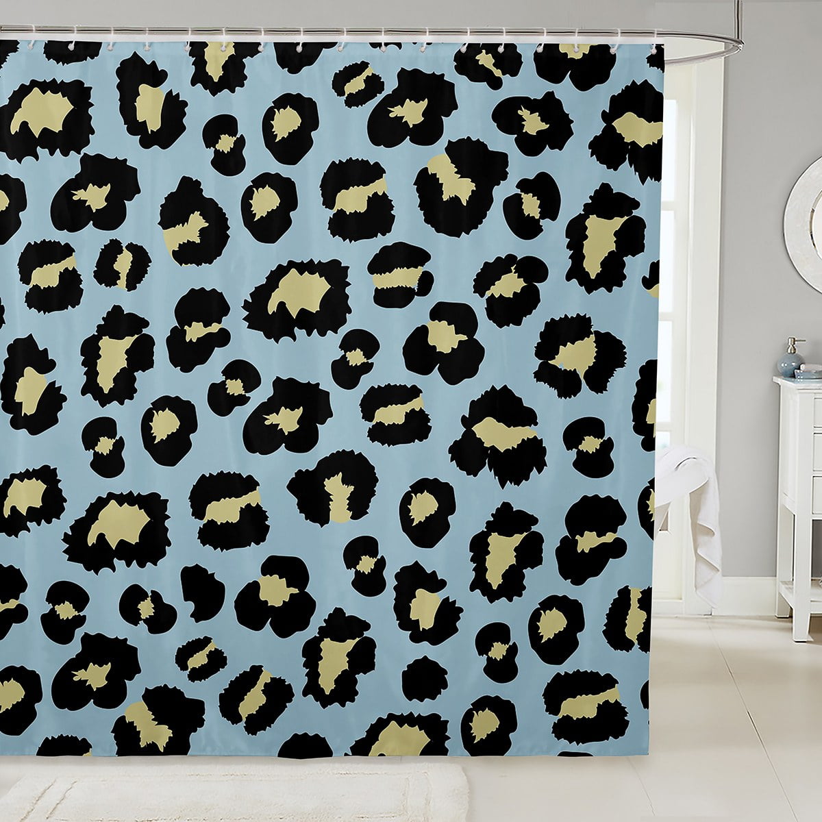 Blue Leopard Print Shower Curtain Beige Animal Printed Bathroom Curtain