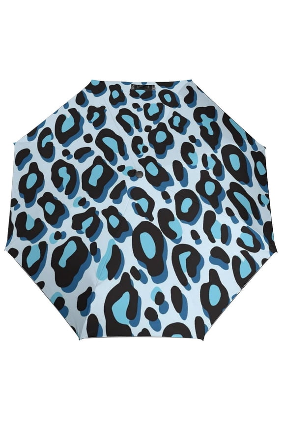 Blue Leopard Print Umbrella for Rain - Portable, Double Layer Automatic Folding Umbrella UV Protection for Rain Car Travel Outdoor Men Women