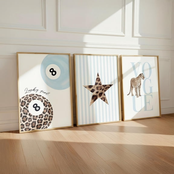 Blue Leopard Print Wall Art Set, Preppy 8 Ball Cheetah Dorm Decor (), Poster Only