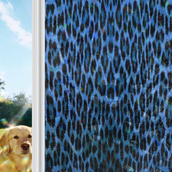 Blue Leopard Print Window Privacy Film Stain Glass,Reusable Decorative Rainbow Window Film,Vintage Abstract Animal Patterned Art Static Cling Sun Blocking Stickers Decals Covers 17.7" x 39.3" (2pcs)