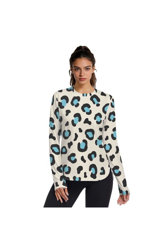 Blue Leopard Print Women's Activewear UPF 50+ Sun Protection Shirt Cooling Quick Dry Thumb Hole Top