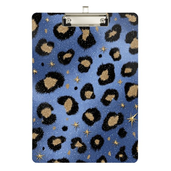 Blue Leopard Print with Gold Stars Acrylic Clipboard Drawing Board with Hook Writing Pad File Storage A4 Size Silver 12.5" x 9"