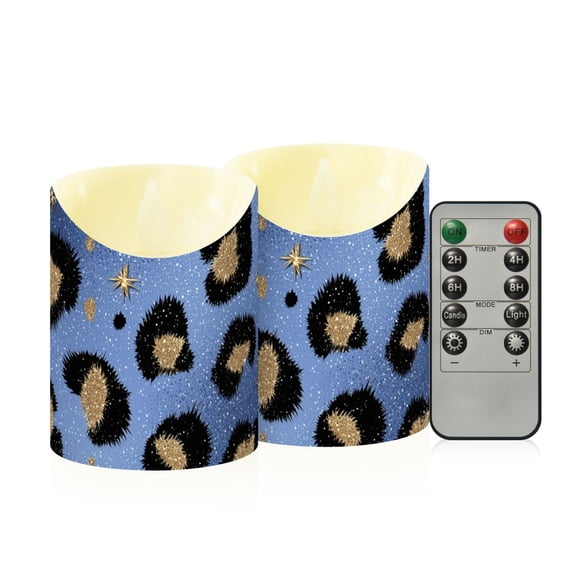 Blue Leopard Print with Gold Stars Flickering Flameless Candles with Remote Timer Battery Operated LED Tealight Set of 2 M