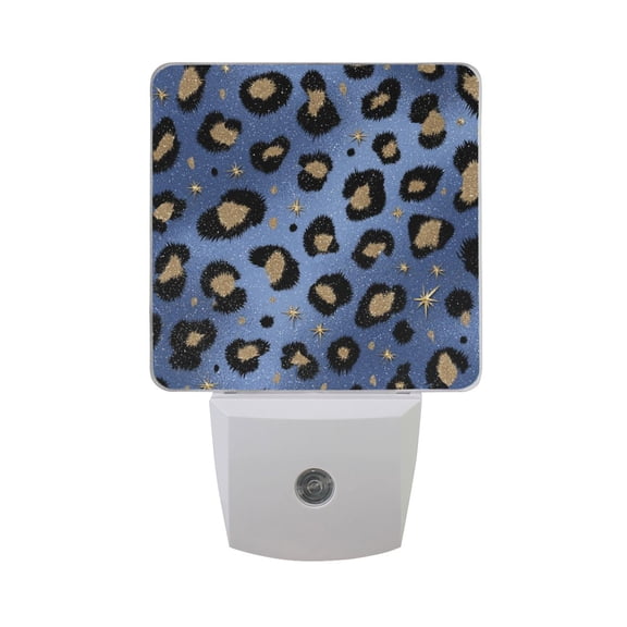 Blue Leopard Print with Gold Stars LED Night Light Sensor Lamp Plug-in Adjustable Brightness 2 Pack