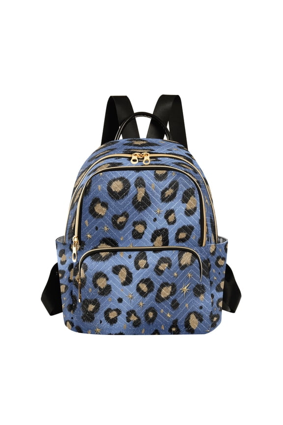 Blue Leopard Print with Gold Stars Quilted Backpack Fashion Daypack Commuter Bag for Women 8.5 L