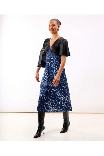 blue and black leopard print dress Turquoise with Black and Blue Shadow Leopard Puff Sleeve Midi Tea Dress Scamp & Dude
