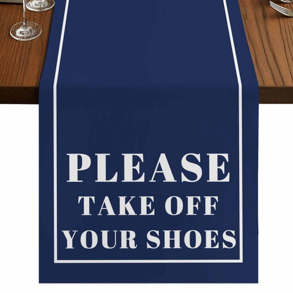 Blue Letter 60 Inch Table Runner, Modern Minimalist White Text Striped Farmhouse Dresser Scarf Cotton & Linen Tablerunner for Dining/Kitchen Island/Holiday Party Décor 13" x 60"