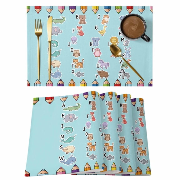 Blue Letter Animals Cotton Linen Placemats Set of 1, Colored Pencils Dag Duck Bird Fish Mouse Washable Table Place Mats Heat Insulating Placemat for Dining Room Kitchen Daily Use 13 x 19 Inch