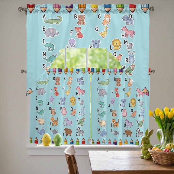 Blue Letter Animals Swag Curtains Valance & Tier Set, Colored Pencils Dag Duck Bird Fish Mouse 3 Pcs Set Kitchen Swag Valances and Tiers 36 Inch Length Rod Pocket Curtain Drapes for Bedroom