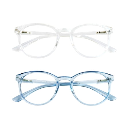 Blue Light Blocking Glasses, 2 Pack Computer Reading Glasses for Anti Eyestrain,Stylish Oval Frame, Anti Glare(Clear Blue + Clear Gray, +1.75 Magnification)