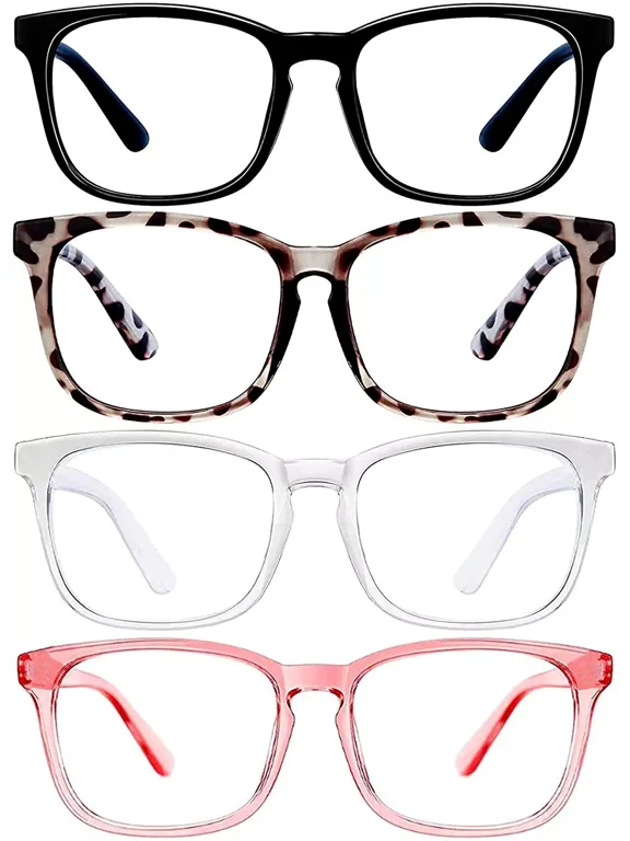 Blue Light Blocking Glasses for Women Men, 4Pcs Fashion Fake Anti Eye Strain Eyeglasses for Teens, Square Eyeglasses Frame Computer Glasses Non Prescription Reading Gaming Glasses