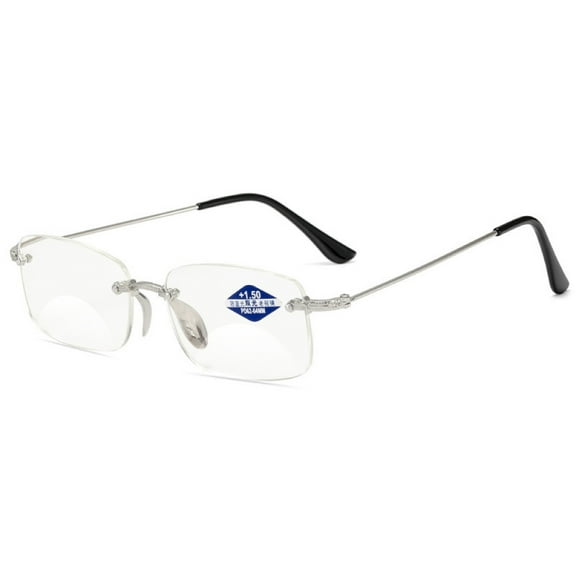Blue Light Blocking Rimless BIFOCAL Reading Glasses 1.50 for Men and Women, Rectangle Presbyopic Glasses Metal Frameless Silver Readers  1.50