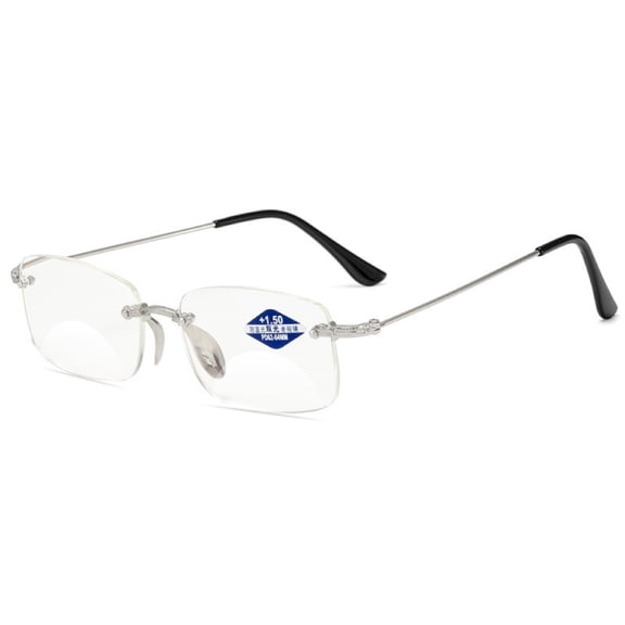 Blue Light Blocking Rimless BIFOCAL Reading Glasses 2.50 for Men and Women, Rectangle Presbyopic Glasses Metal Frameless Silver Readers +2.50