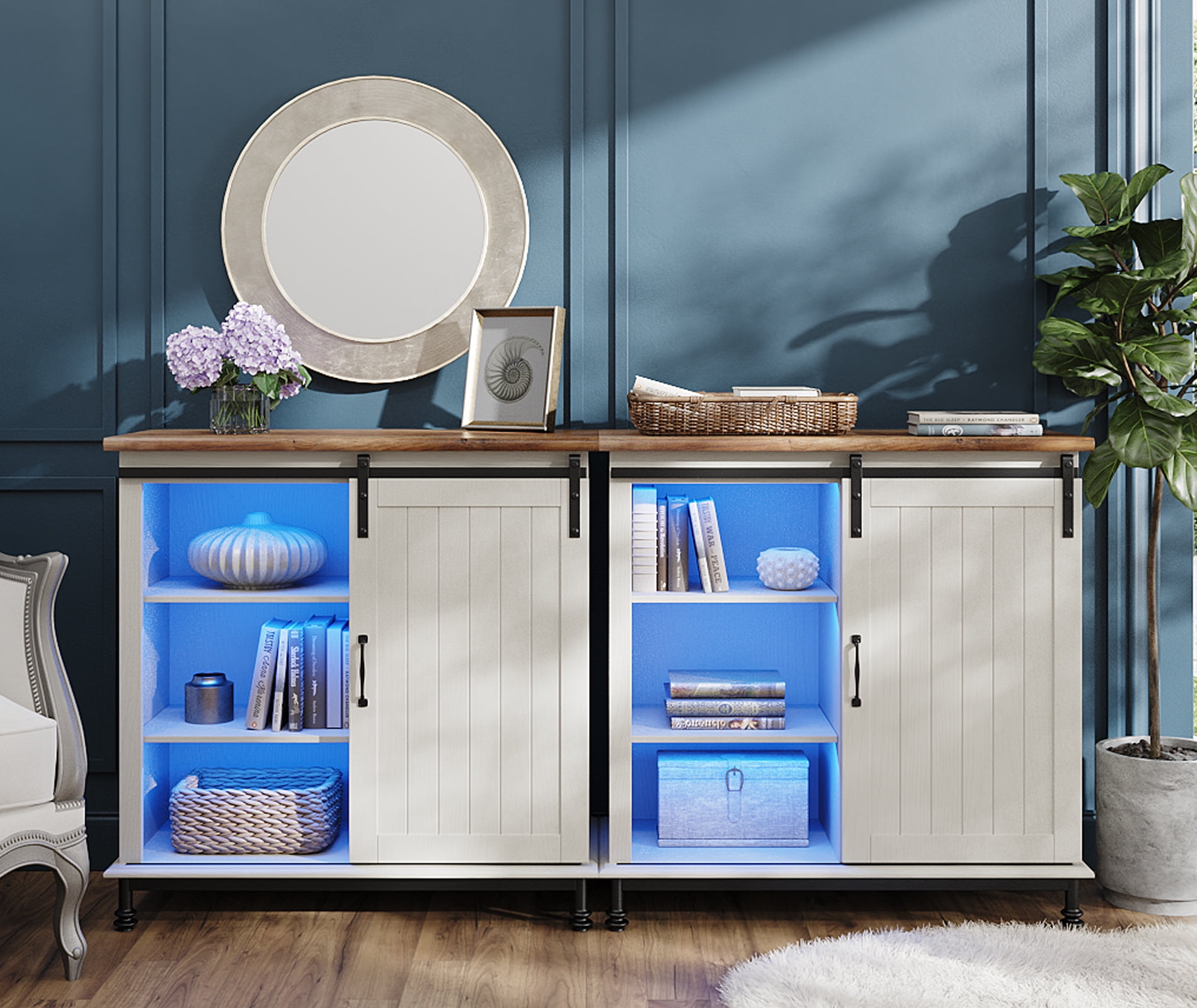 Blue Light Farmhouse Sliding Barn Door Accent Cabinet Set of 2