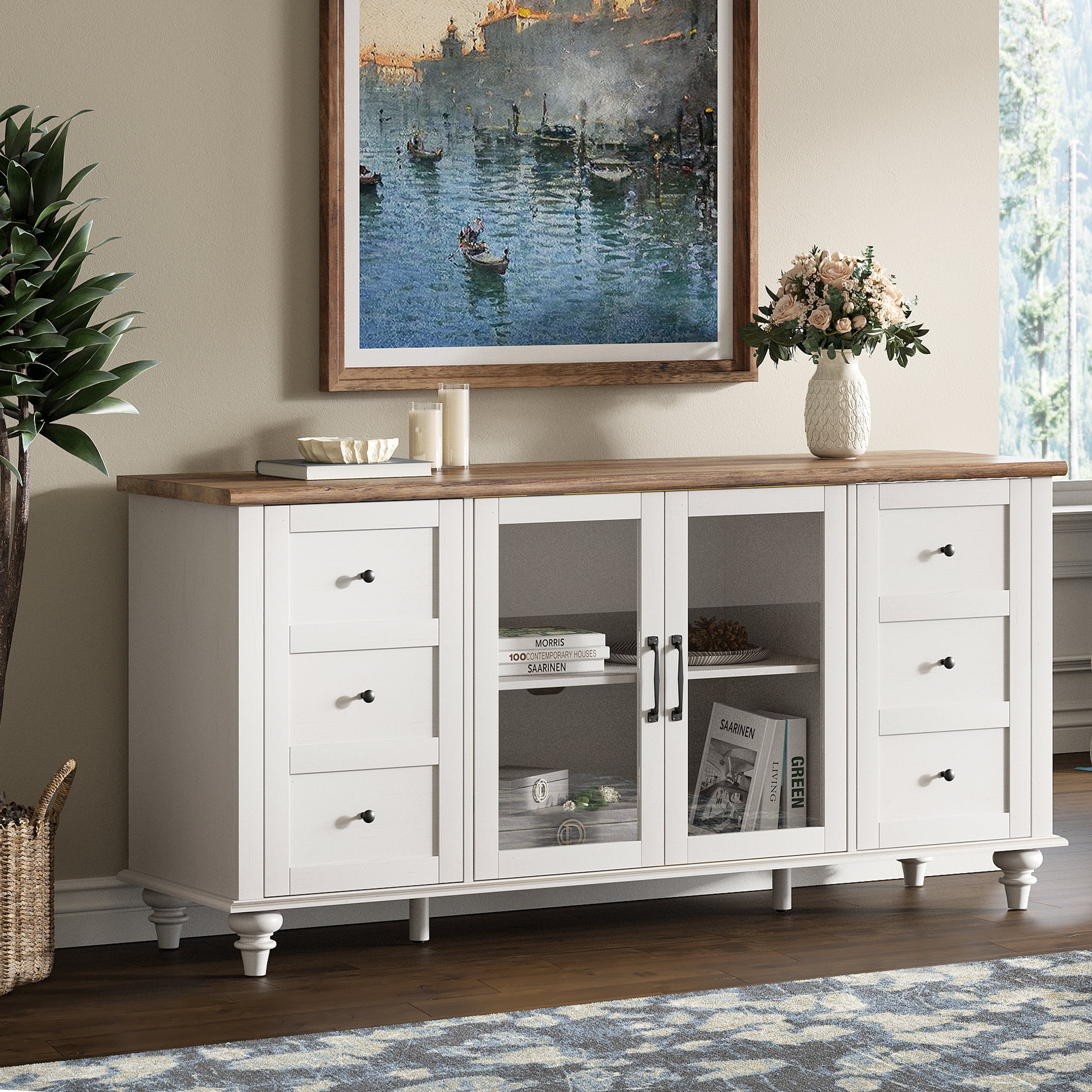 Blue Light Farmhouse White Glass&Wood Television Stand for 75 inch TV,Entertainment Center with 4 Storage Cabinets for Living Room