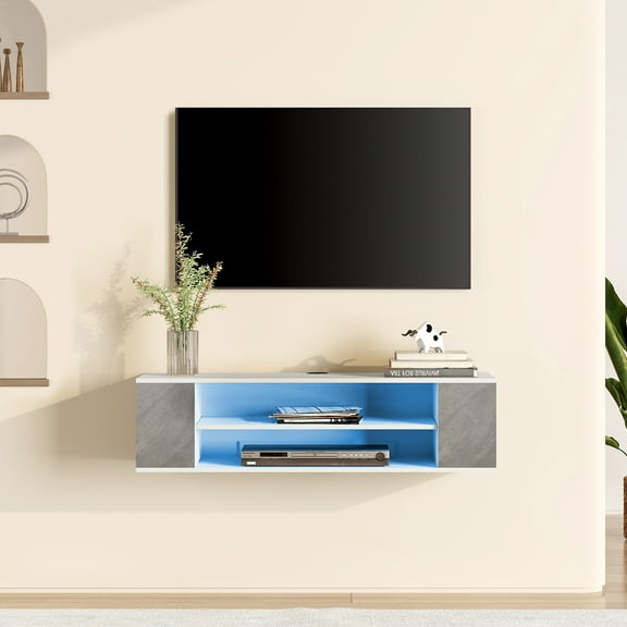 Blue Light Floating TV Stand Wall Mounted, Modern Floating Media Storage Shelves TV for Wall, 39.3 inch, White&Grey