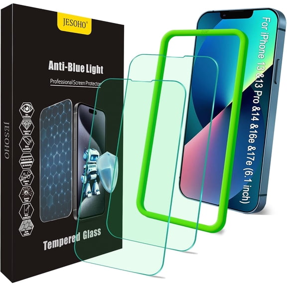 Blue Light Screen Protector for iPhone 13/13 Pro/14/16e/17e (6.1inch), Eye Protection Tempered Glass Film, Scratch-Resistant, No Bubble with Easy Installation Kit, 2 Pack