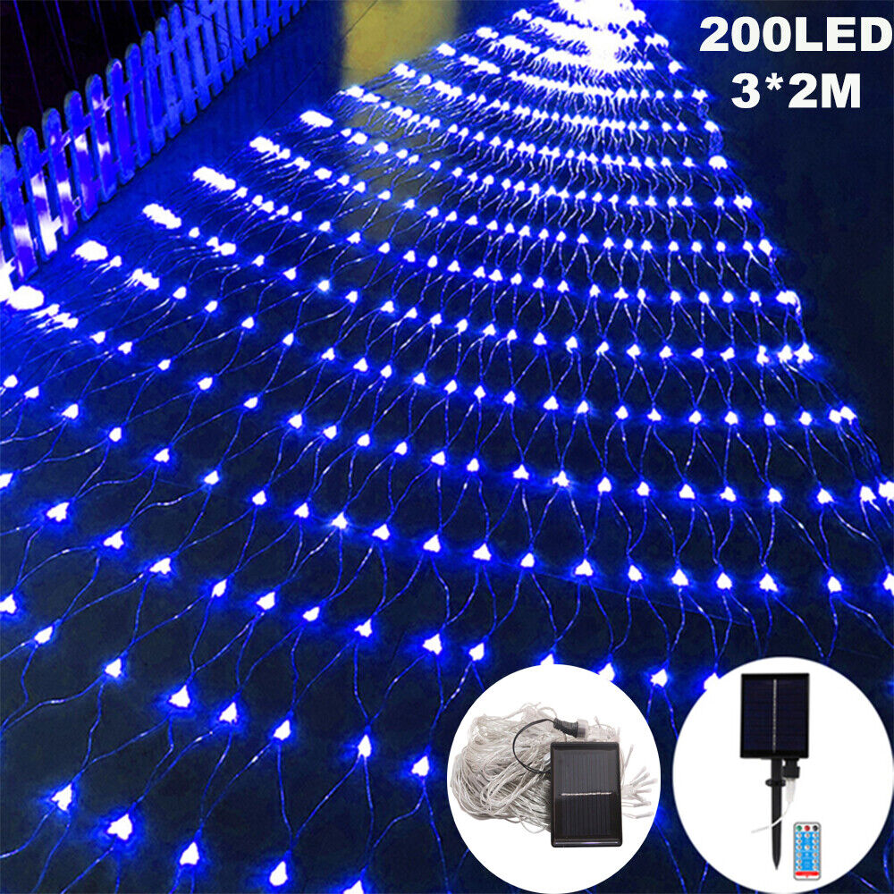 Blue Light Solar Powered Outdoor Christmas Net Lights 200 LED Mesh