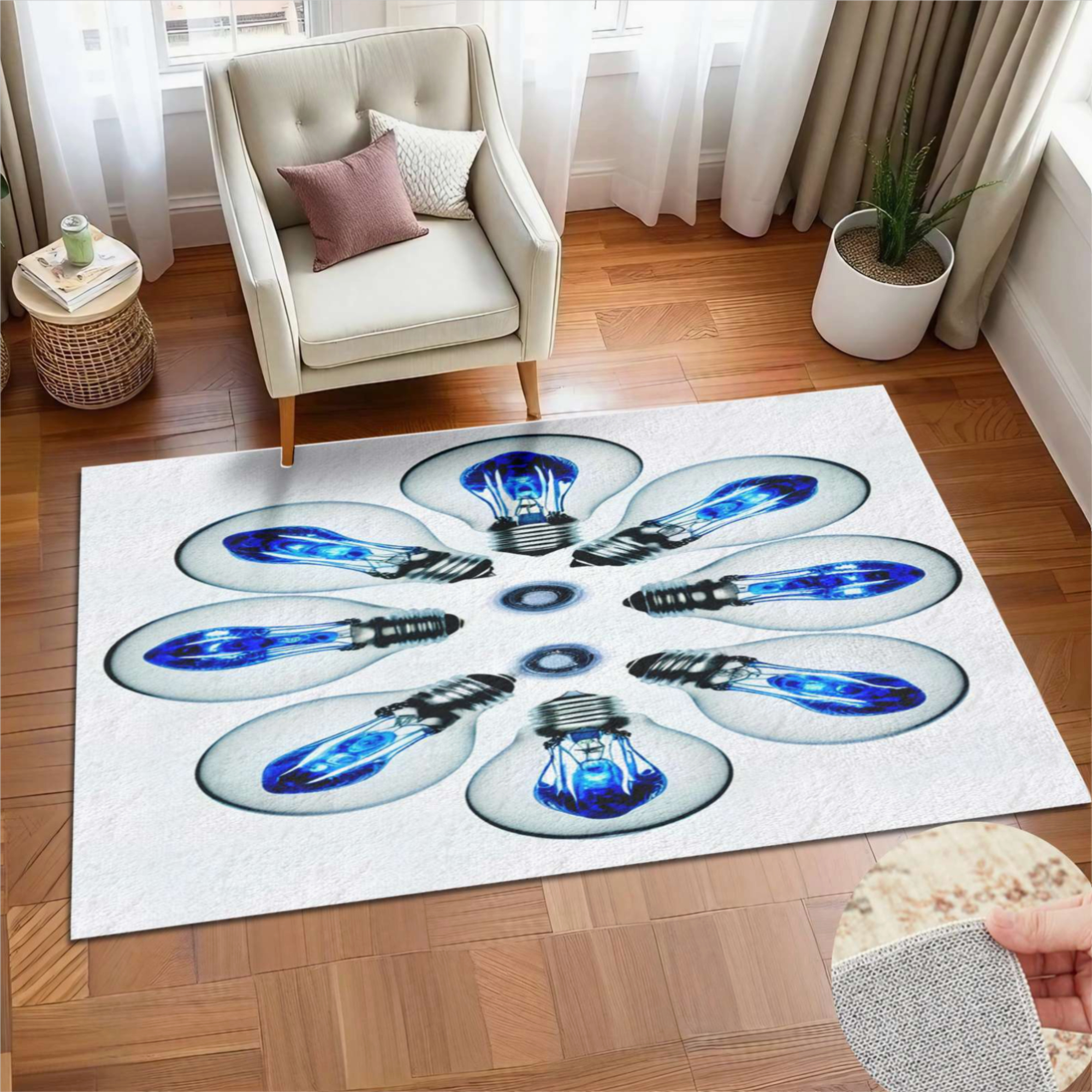 Light Bulb Rug Blue Lightbulb Mandala Soft Large Area Rugs Washable Rug With Non-Slip ...