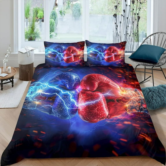 Blue Lightning Bedding Sets Red and Blue Boxing Duvet Cover Kids Boys Box Gloves Comforter Cover for Teens Adult Man Boxing Extreme Sports Duvet Cover Set Breathable, Soft