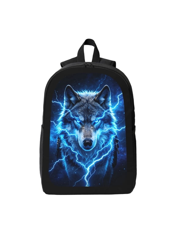 Blue Lightning Galaxy Wolf Print Adult Travel Backpack, Lightweight 600D Polyester Oxford Casual Outdoor Daypack With Adjustable Padded Straps