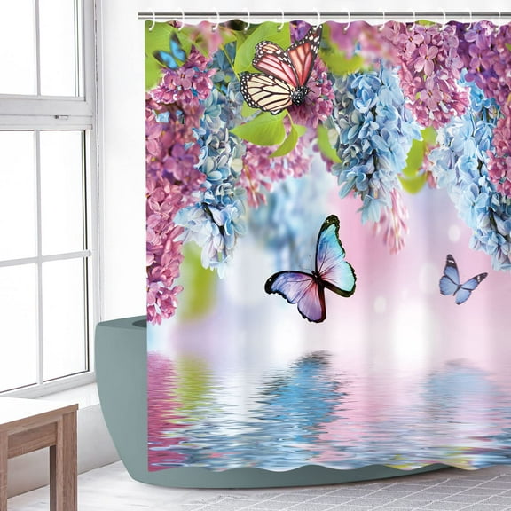 Blue Lilac Butterfly Fashion Shower Curtain Modern Cloth Fabric Bathroom Decor Set with Hooks 72x72inch (Blue Lilac Butterfly)