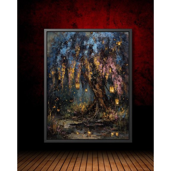 Blue And Lilac Lantern Tree Poster Enchanted Forest Art, Enchanting Night, Dark Academia Wall Decor, Magical Fairy Woodland, Unframed Poster Size 16x24
