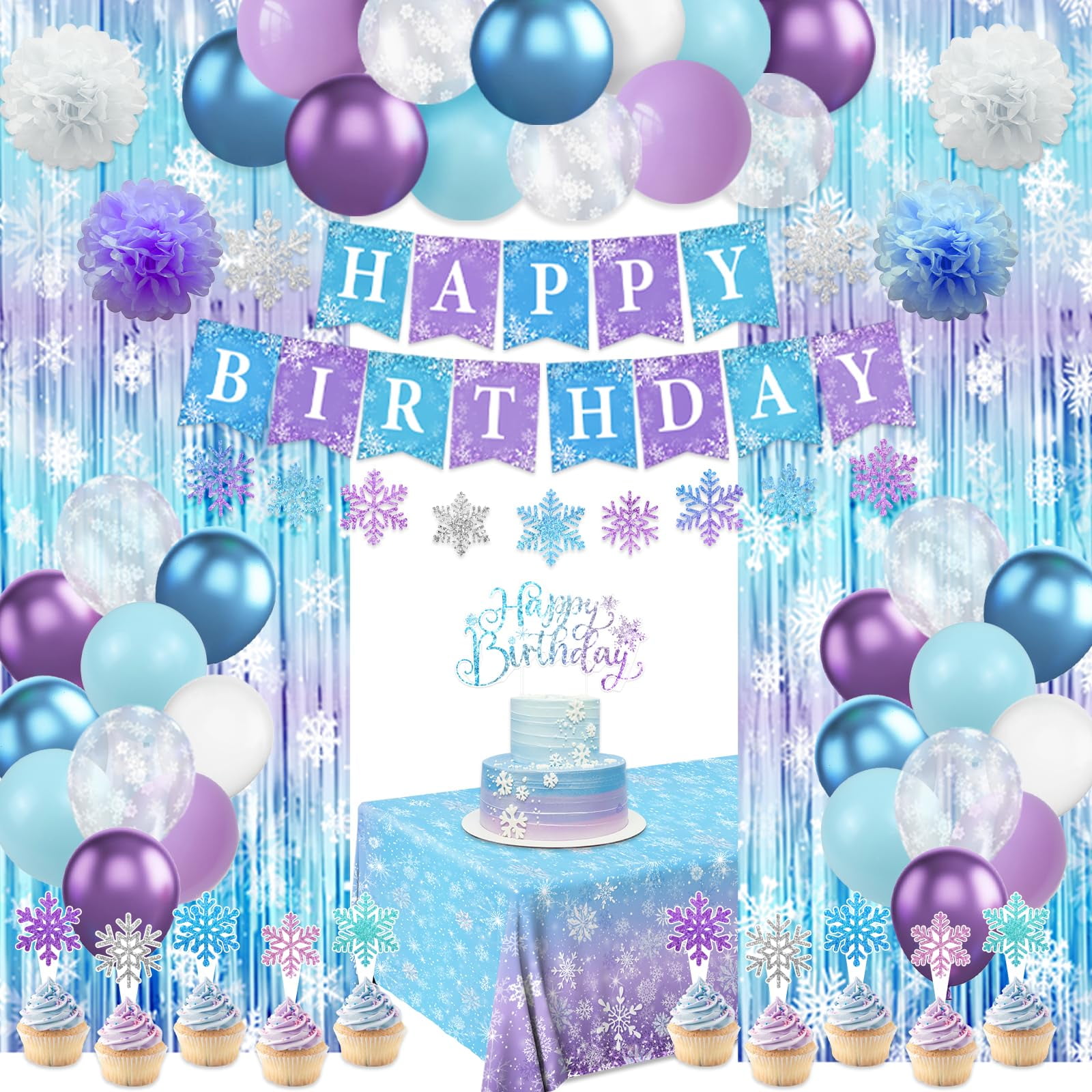 Frozen Snowflake Birthday Decorations - Winter Wonderland Banner & Cake Toppers In Blue & White