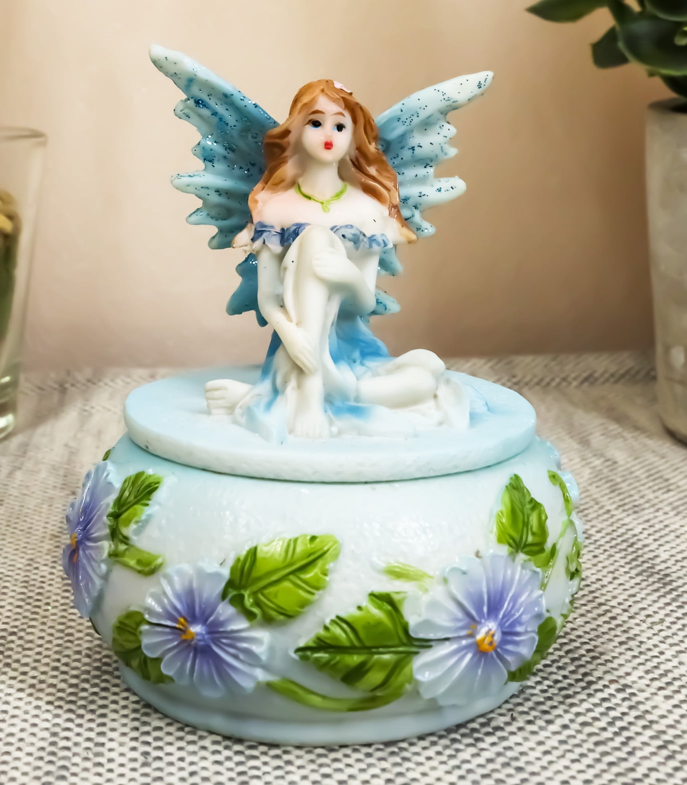 EBROS GIFT Blue Lily Flora Fairy Garden Fae Small Round Trinket Jewelry Box Figurine 3.25"H