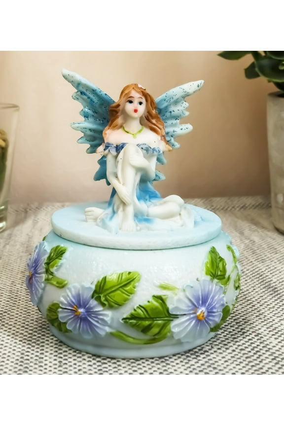 Blue Lily Flora Fairy Garden Fae Small Round Trinket Jewelry Box Figurine 3.25"H