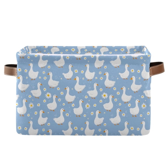 Blue Lily Floret Pattern Storage Basket Canvas Waterproof PE Lining PU Leather Handles Collapsible 14.2x10.2x8.3in