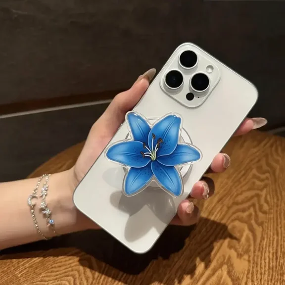 Blue Lily Flower MagSafe Phone Grip Magnetic Pop Socket & Kickstand Cute Floral Phone Accessory Gift