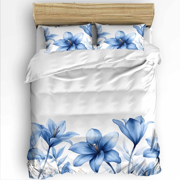 Blue Lily Flowers Queen Size Comforter Set, Watercolor Spring Floral Retro Pastoral Soft Bedding for All Seasons, 4 Pcs Bed Set with 1Comforter (90"x92") ,1 Sheet(94"x116"), 2 Pillowcases (19"x29")