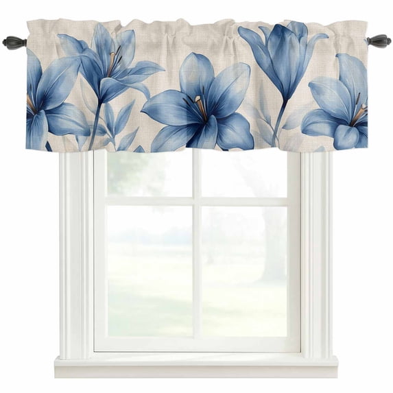 Blue Lily Flowers Valances for Windows Watercolor Spring Floral Rod Pocket Curtain Valance Window Treatment Short Curtains for Kitchen Living Room, 60"x18"