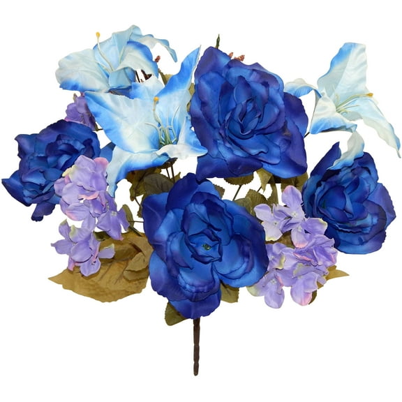 Blue Lily Peony Lavender Hydrangea with Autumn Greenery 19in Artificial Polysilk Faux Fake Flower Bush for Craft Home Bouquet Arrangement Ceremony Wedding Arch Floral Wall Aisle Decor (Blue, Set of 2)